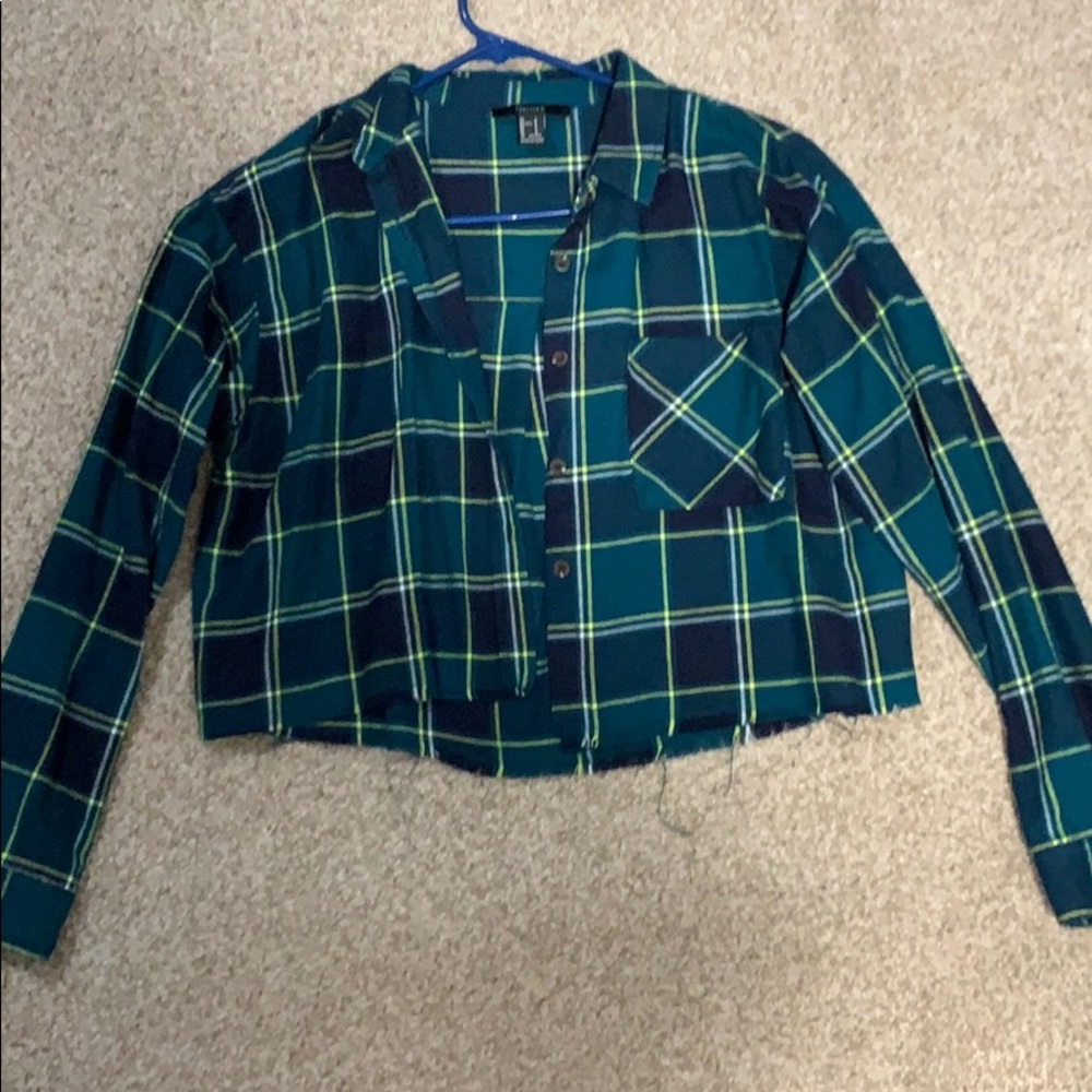 Blue/green crop flannel with frayed bottom